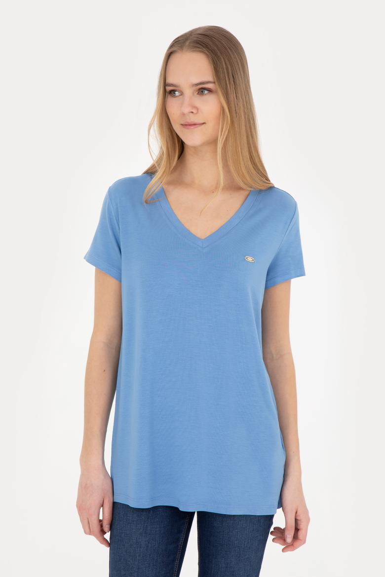 Kadın Koyu Mavi V Yaka Basic Tişört