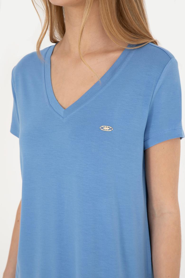 Kadın Koyu Mavi V Yaka Basic Tişört - 50280019115
