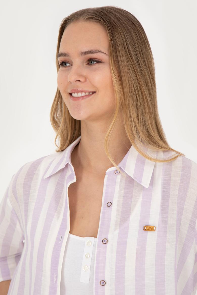 Kadın Lila Keten Görünümlü Uzun Kollu Gömlek