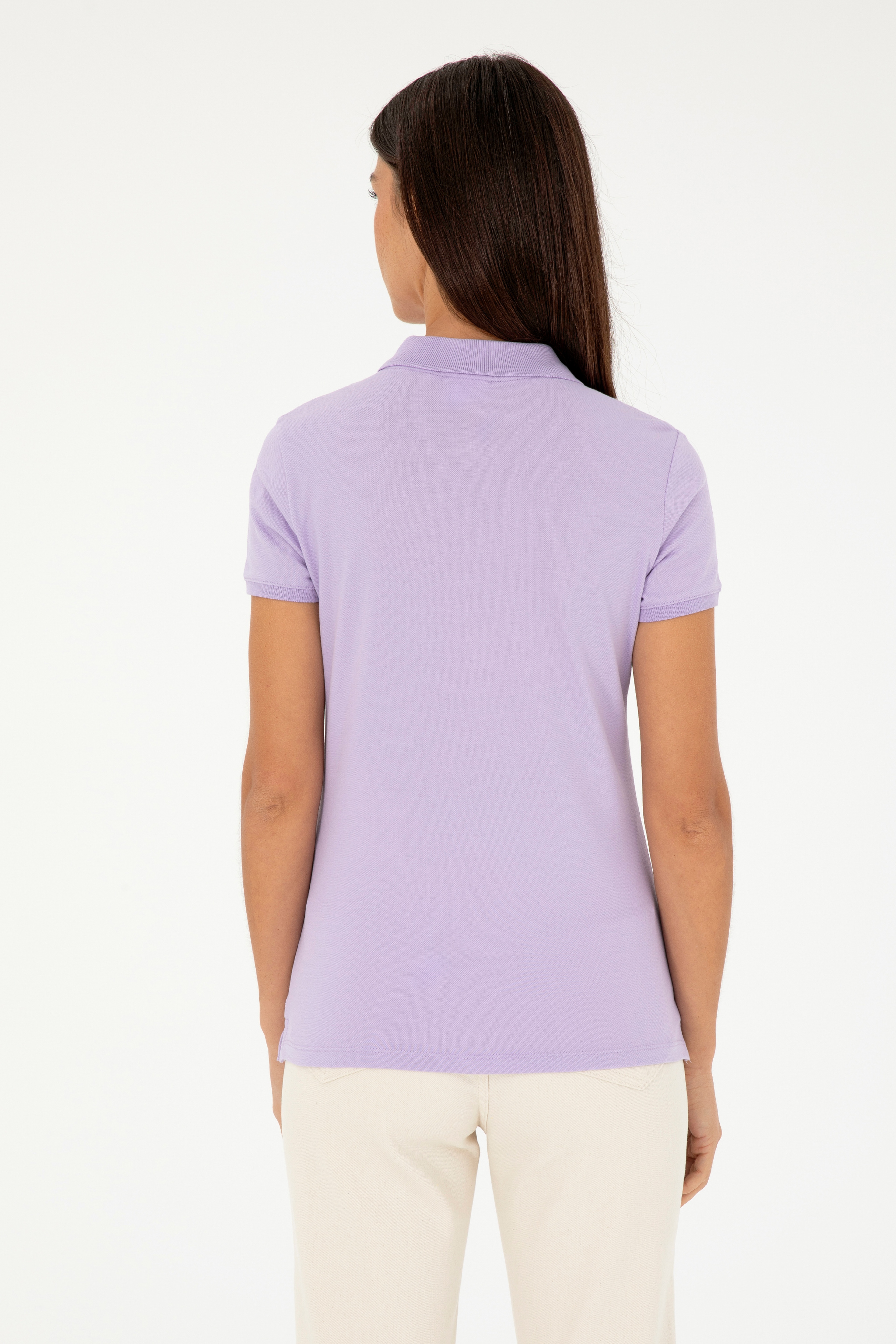 Kadın Lila Basic Polo Yaka Tişört - Image 5