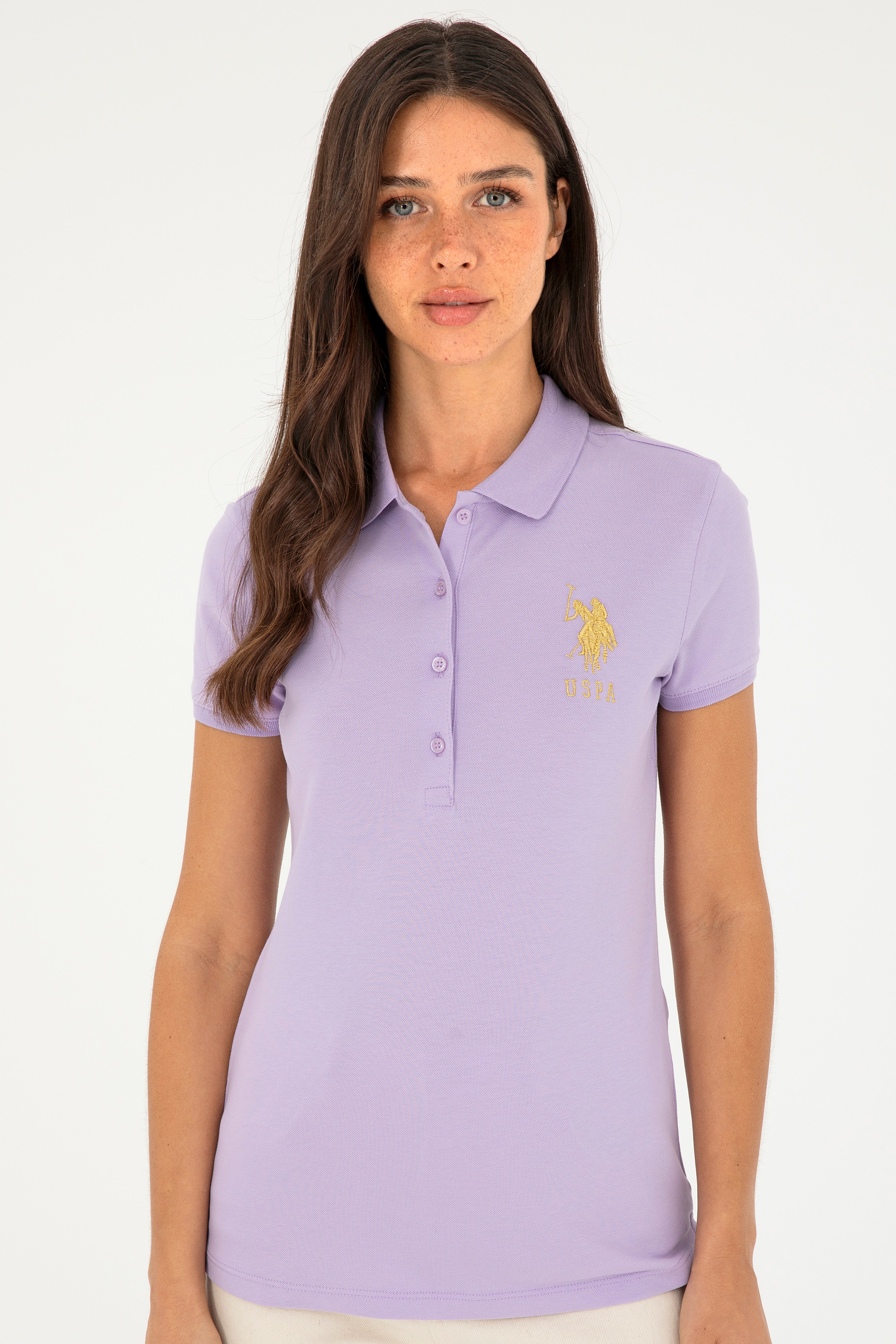Kadın Lila Basic Polo Yaka Tişört - Image 3