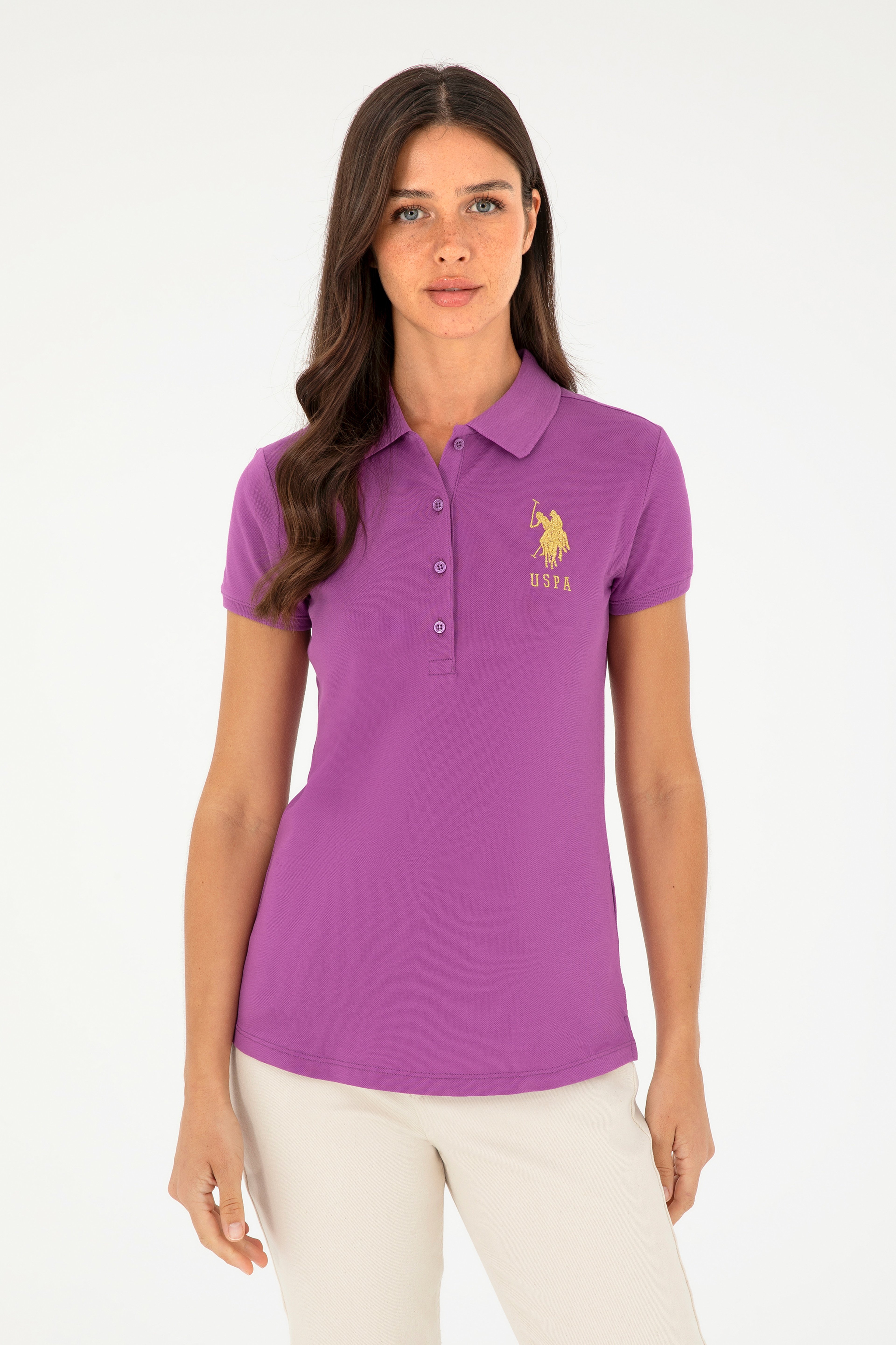 Kadın Mor Basic Polo Yaka Tişört - Image 1
