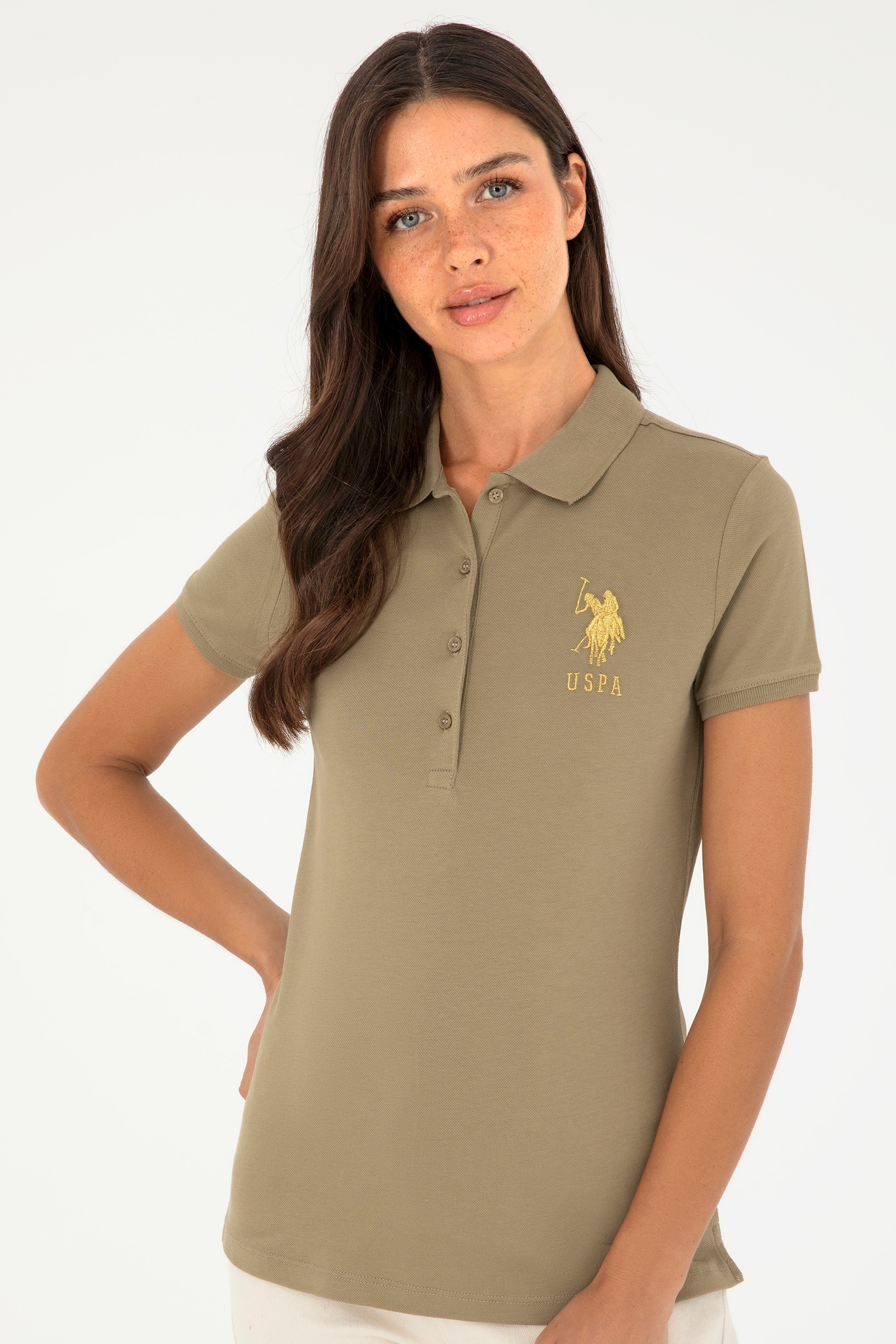 Kadın Haki Basic Polo Yaka Tişört - Image 3