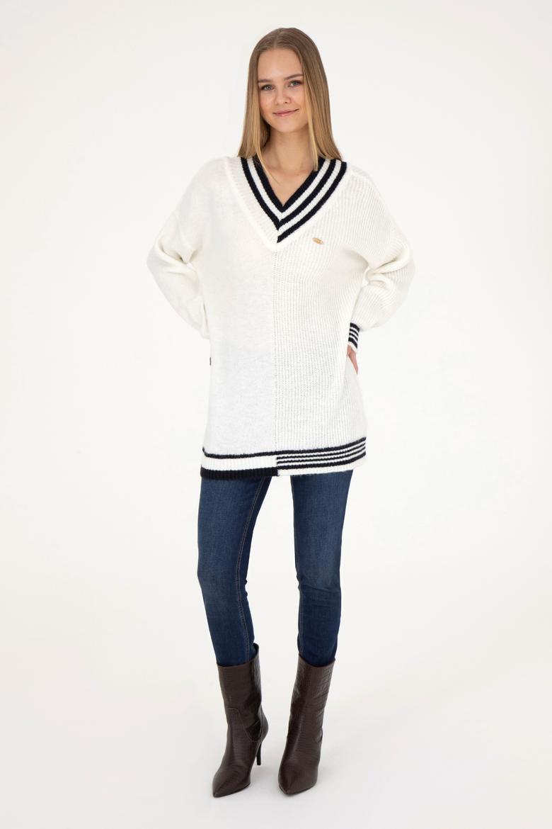 Kadın Krem V Yaka Kazak - 50269504013