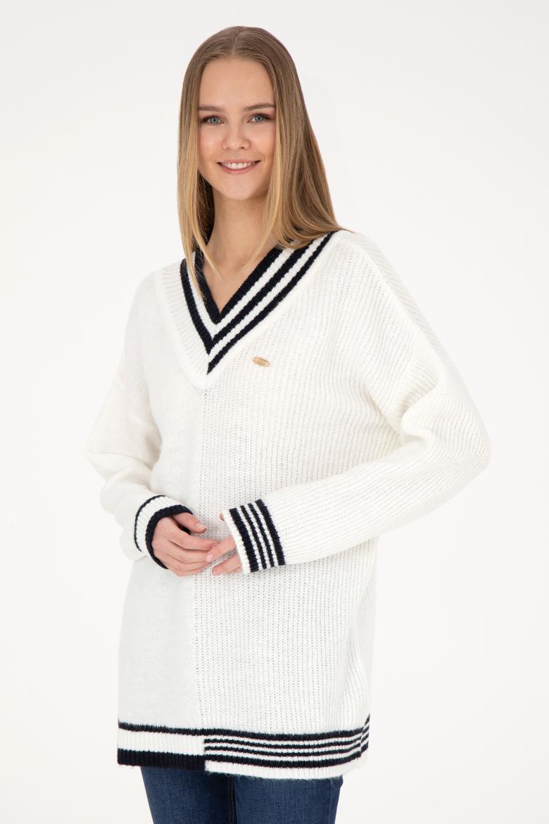 Kadın Krem V Yaka Kazak - 50269504013