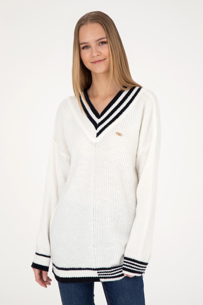 Kadın Krem V Yaka Kazak - 50269504013