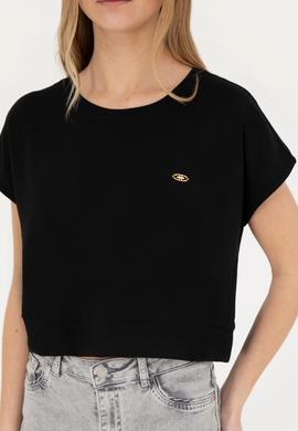 Kadın Siyah Bisiklet Yaka Tişört - 50282734037