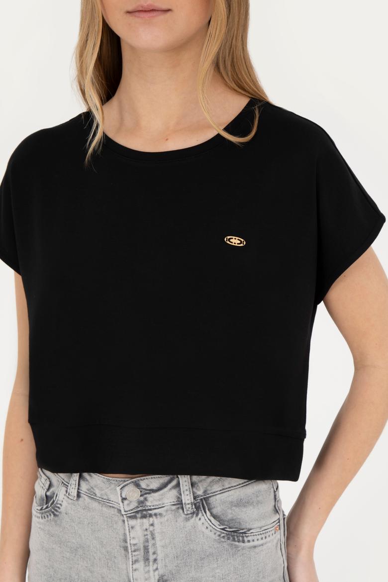 Kadın Siyah Bisiklet Yaka Tişört - 50282734037