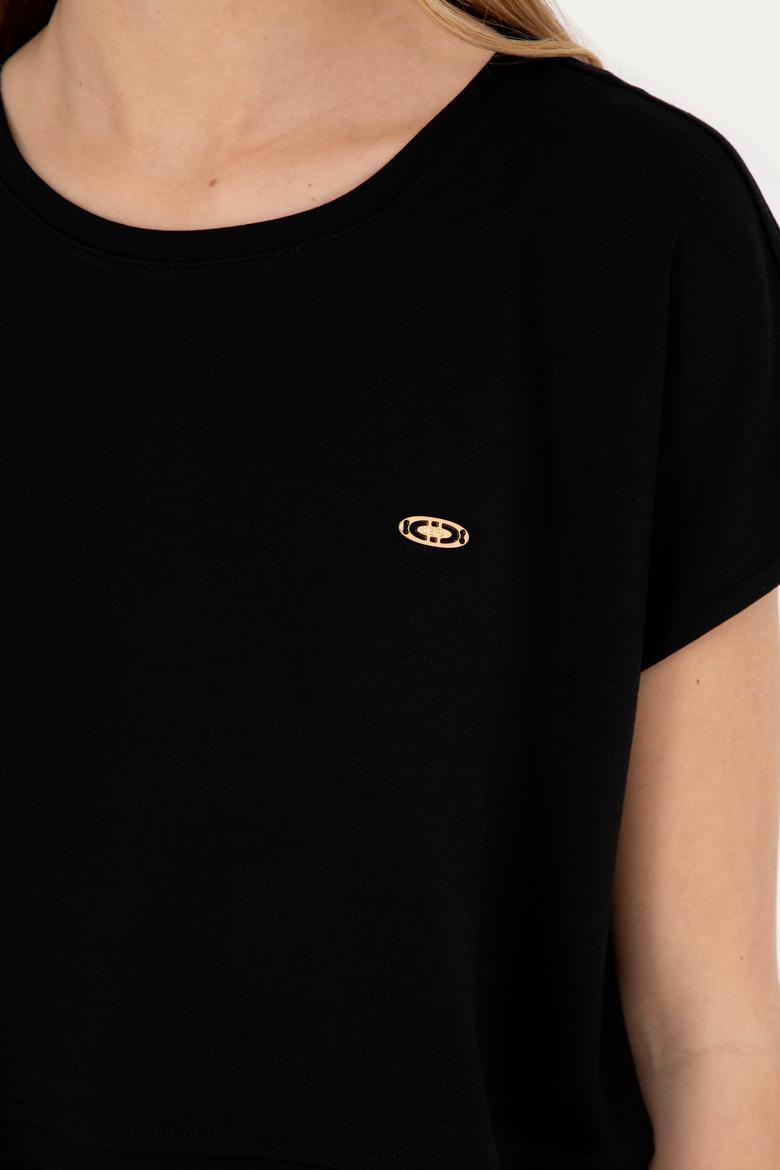 Kadın Siyah Bisiklet Yaka Tişört - 50282734037