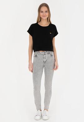 Kadın Siyah Bisiklet Yaka Tişört - 50282734037