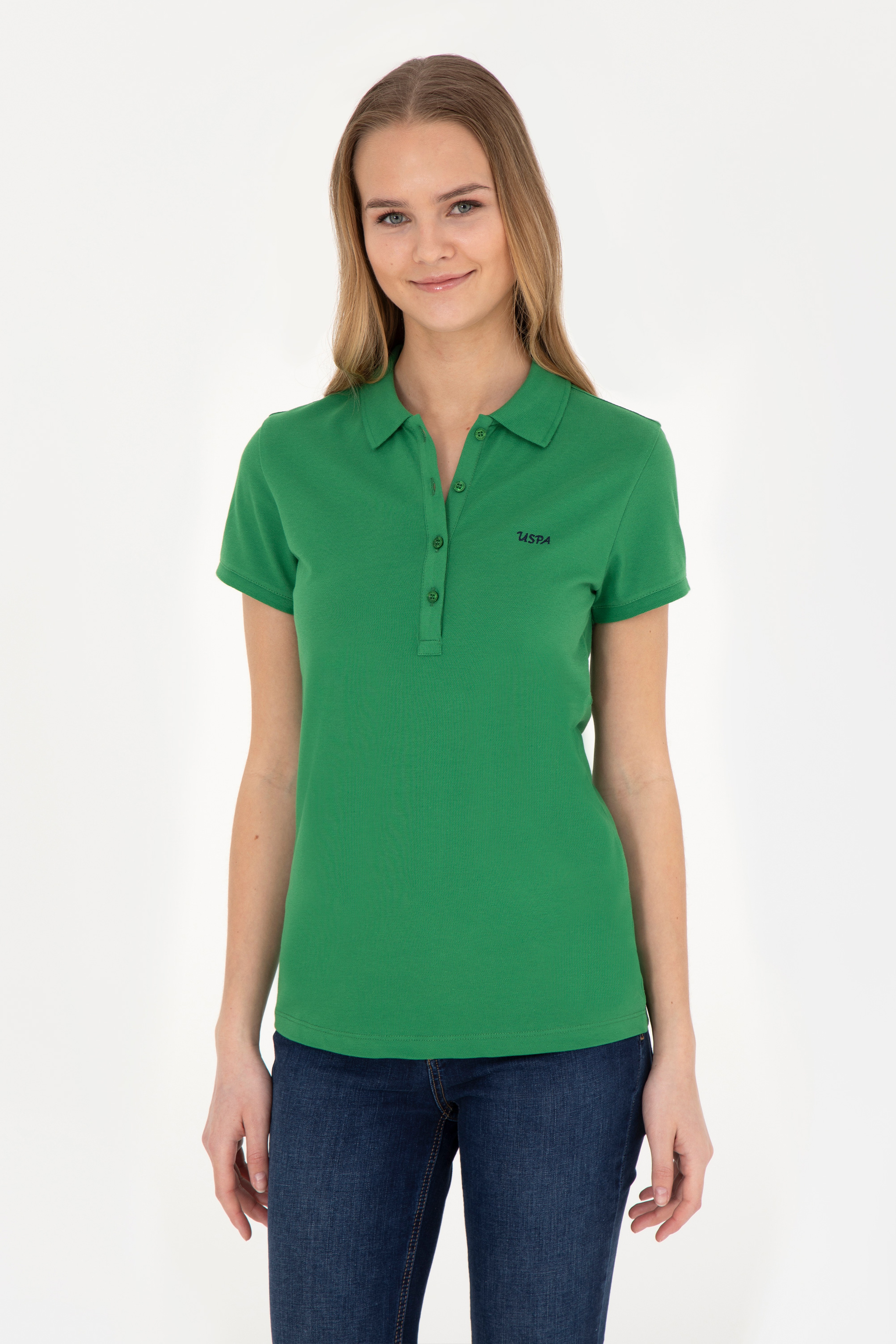 Kadın Yeşil Basic Polo Yaka Tişört - Image 3