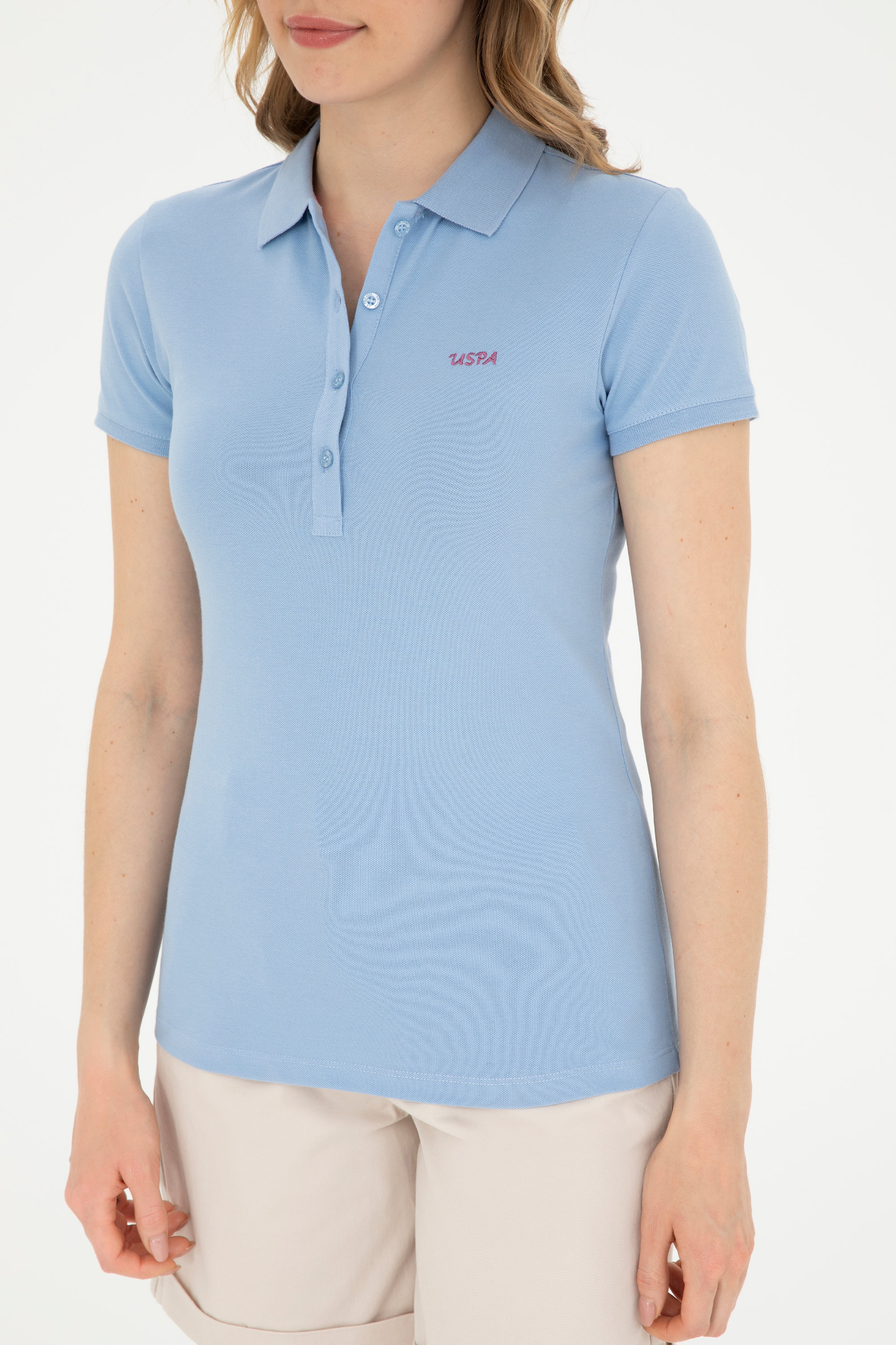 Kadın Açık Mavi Basic Polo Yaka Tişört - Image 6