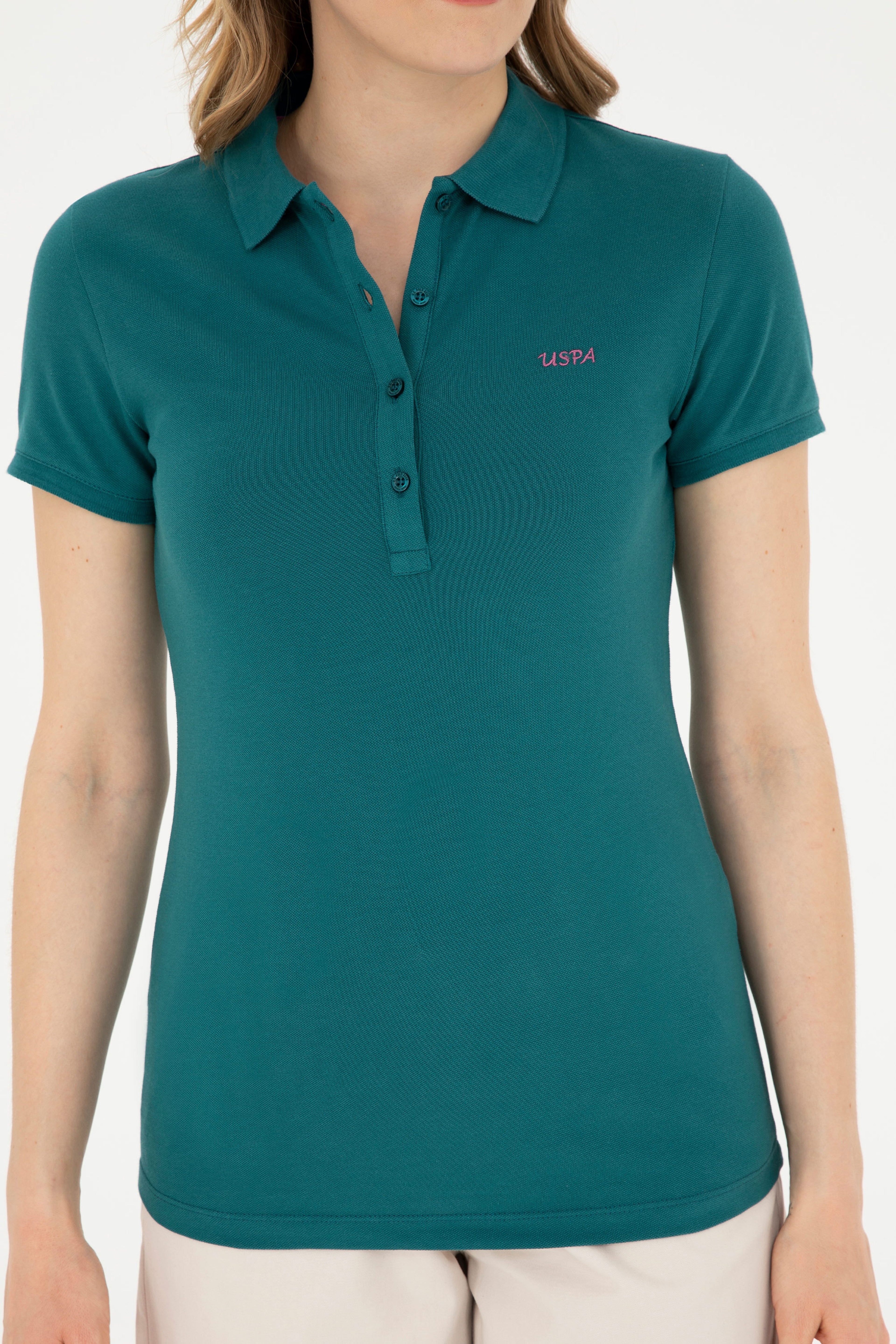 Kadın Koyu Yeşil Basic Polo Yaka Tişört - Image 6