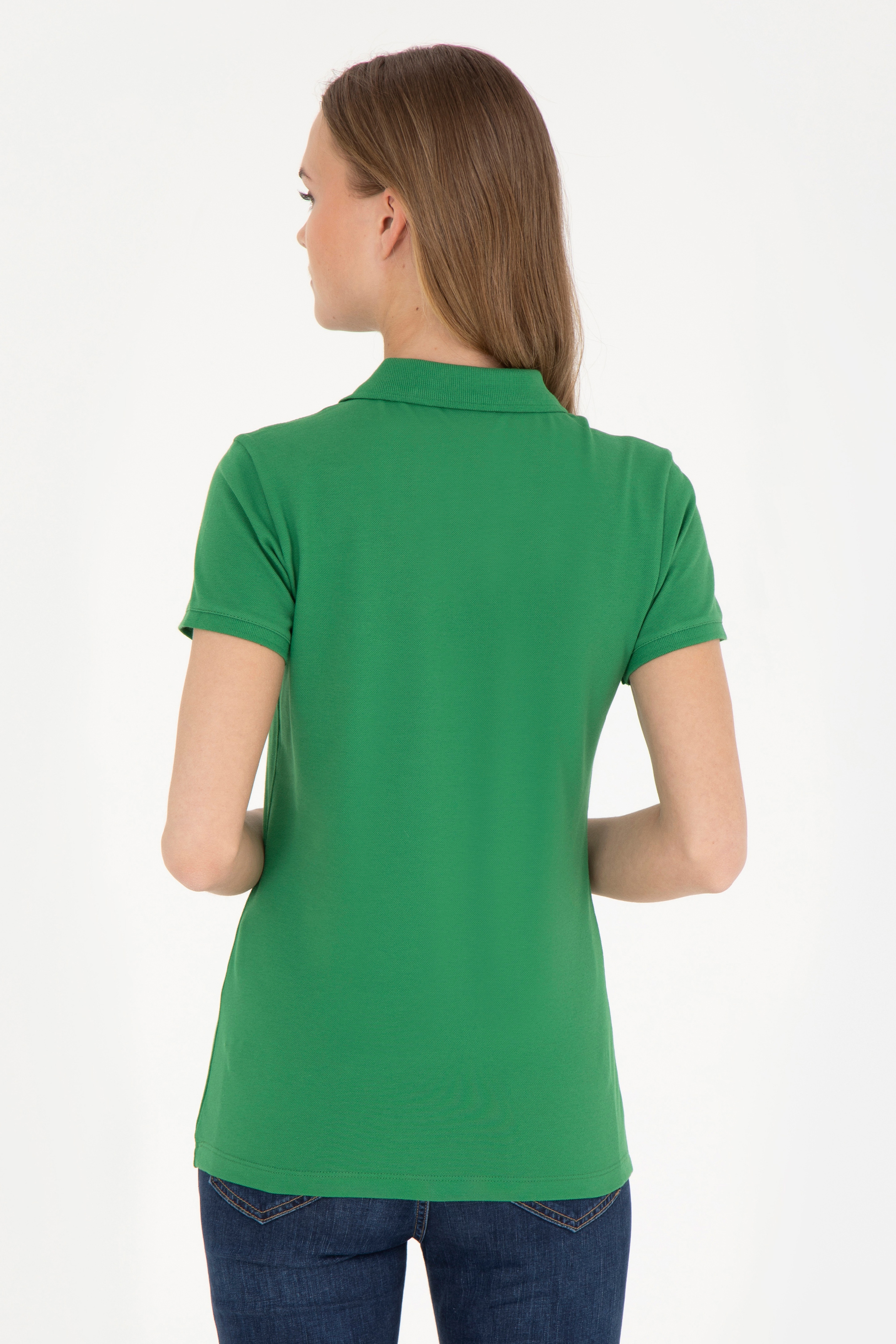 Kadın Yeşil Basic Polo Yaka Tişört - Image 5