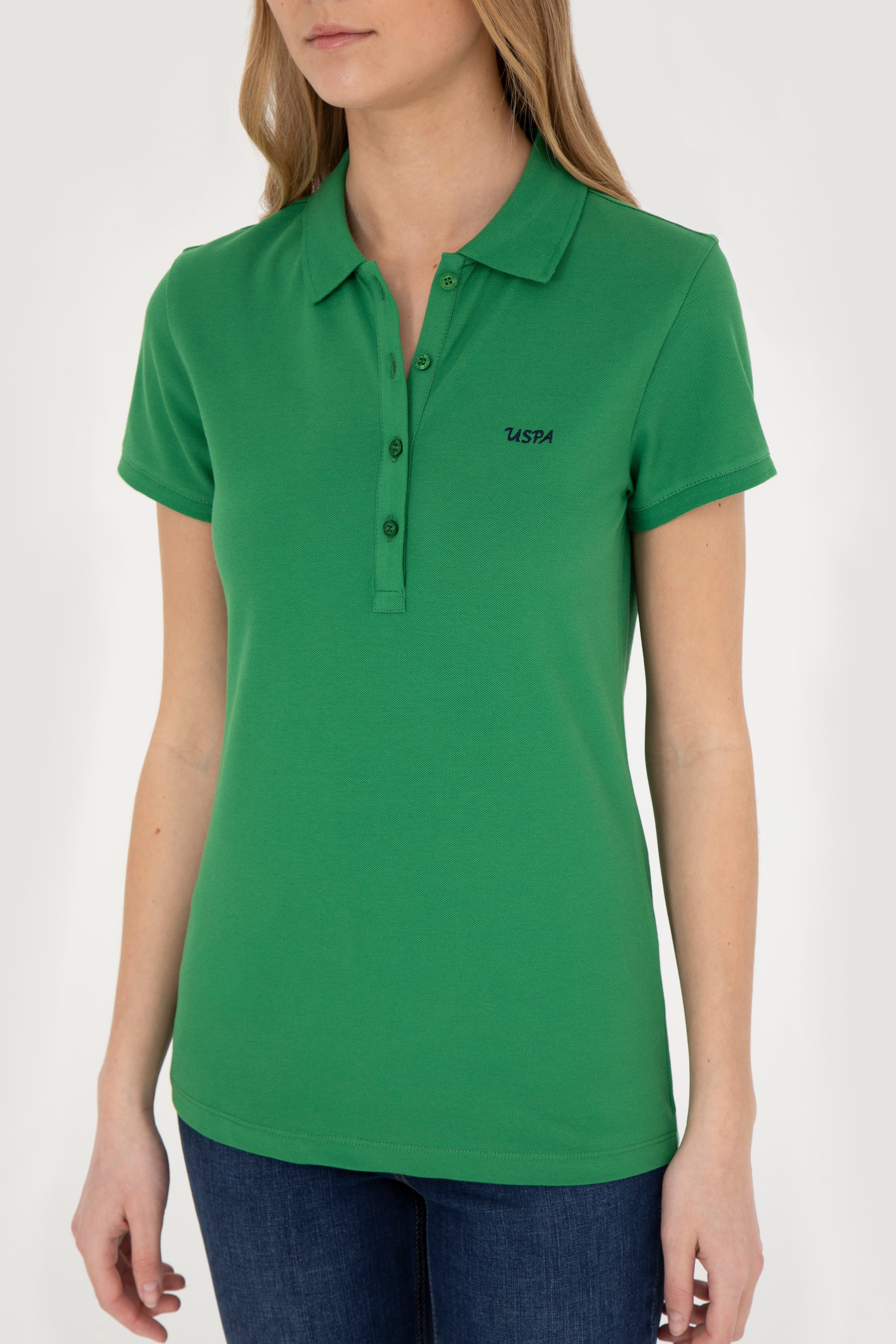Kadın Yeşil Basic Polo Yaka Tişört - Image 6