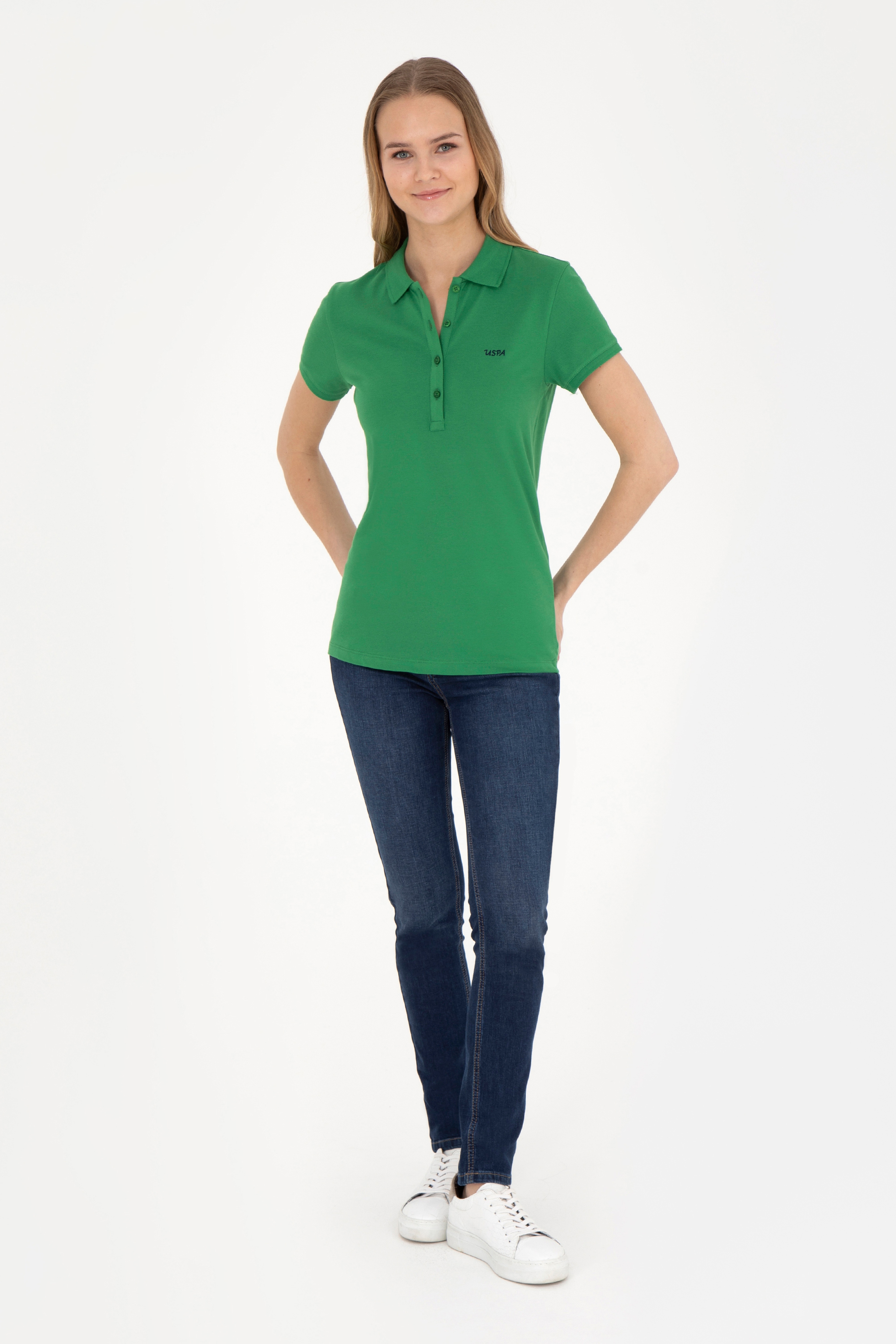 Kadın Yeşil Basic Polo Yaka Tişört - Image 4