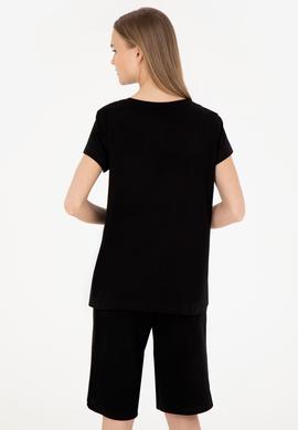 Kadın Siyah Bisiklet Yaka Tişört - 50265676020