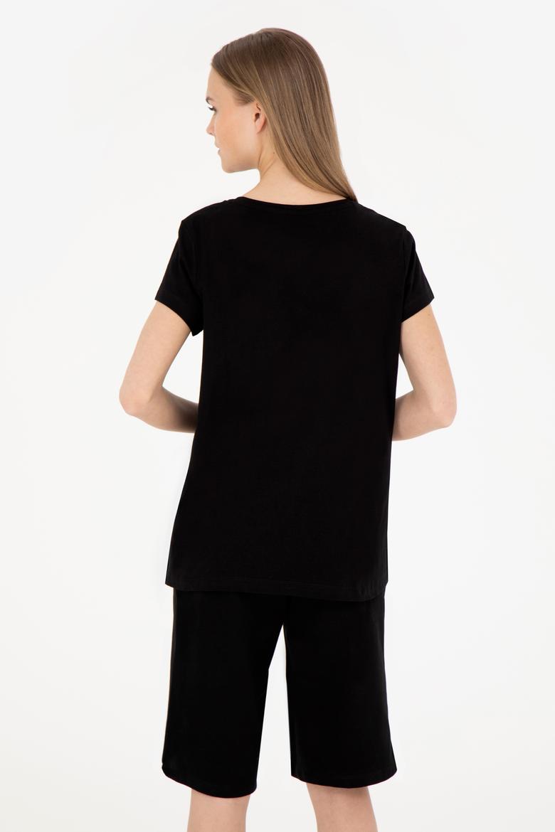 Kadın Siyah Bisiklet Yaka Tişört - 50265676020