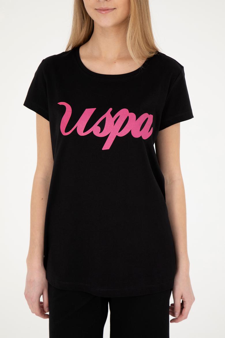 Kadın Siyah Bisiklet Yaka Tişört - 50265676020