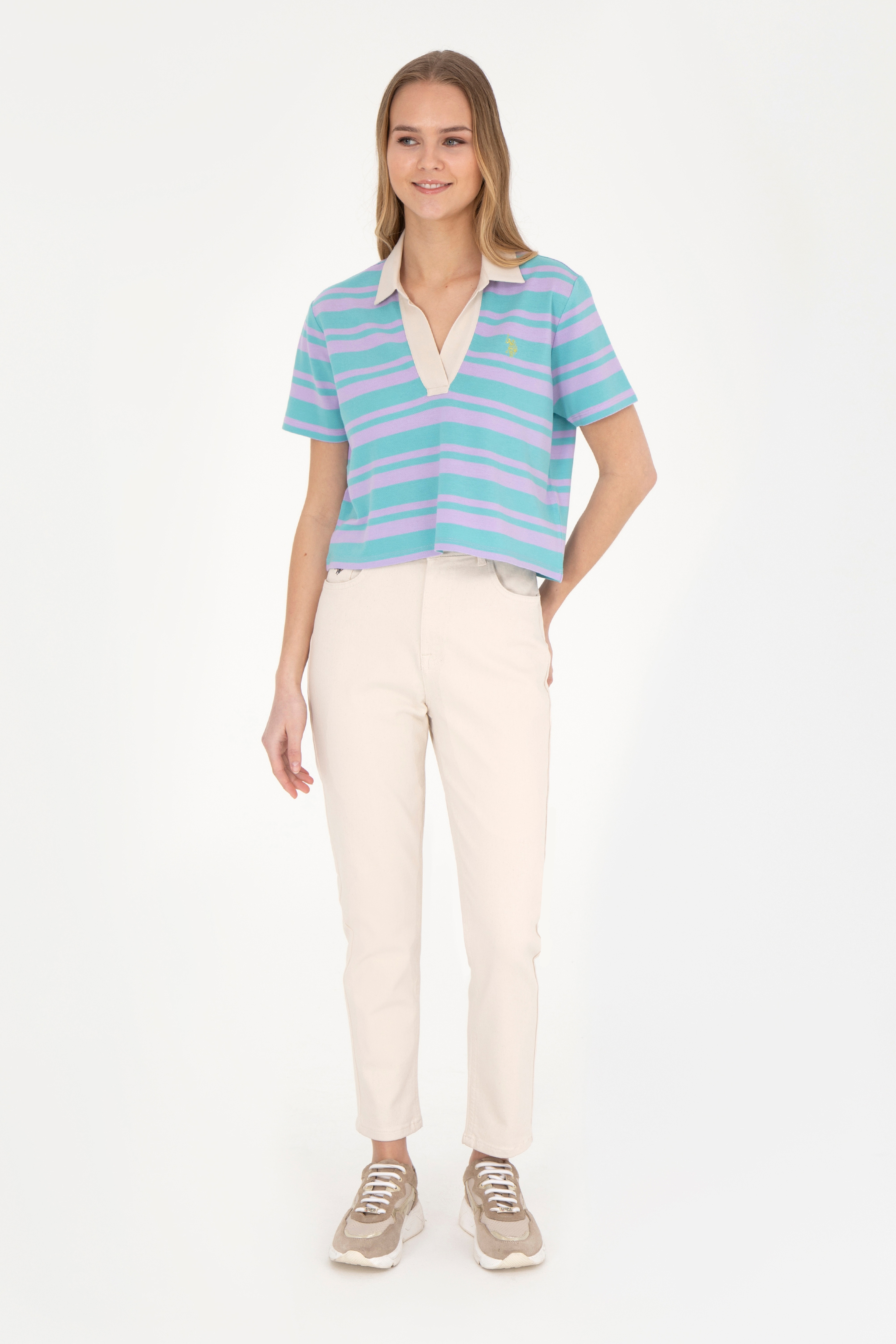 Kadın Bej Mom High Waist Fit Jean Pantolon - Image 1
