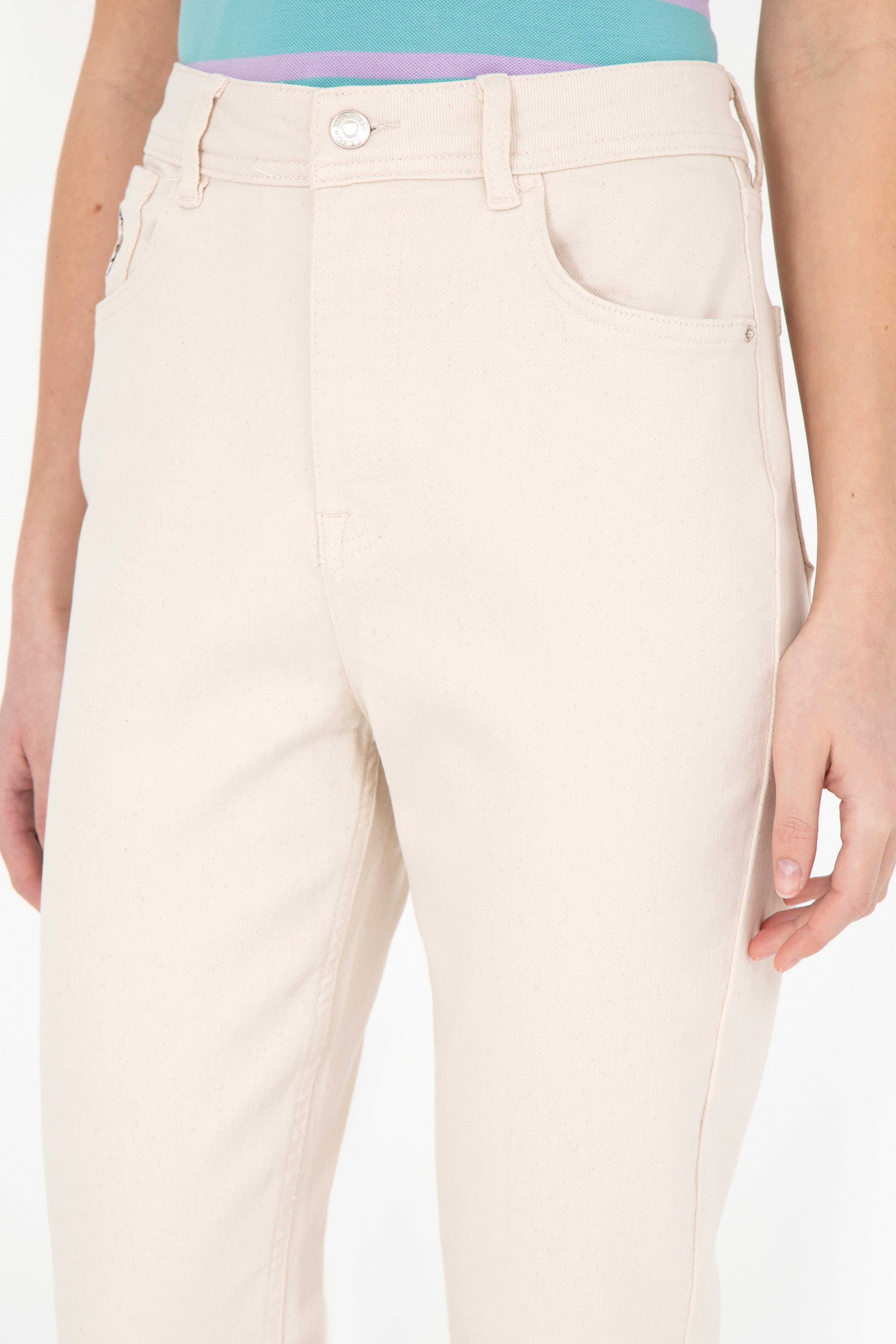 Kadın Bej Mom High Waist Fit Jean Pantolon - Image 5
