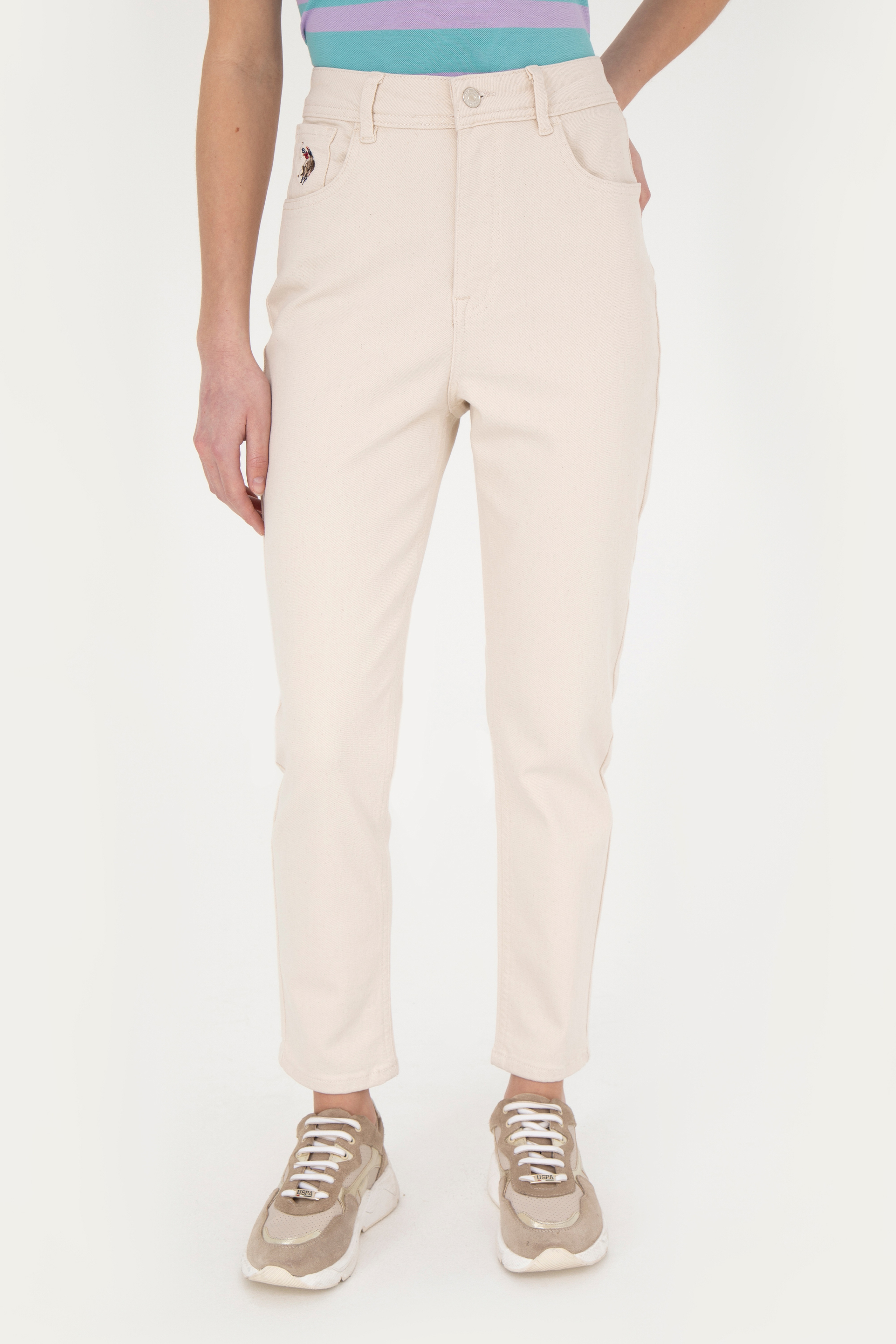 Kadın Bej Mom High Waist Fit Jean Pantolon - Image 2