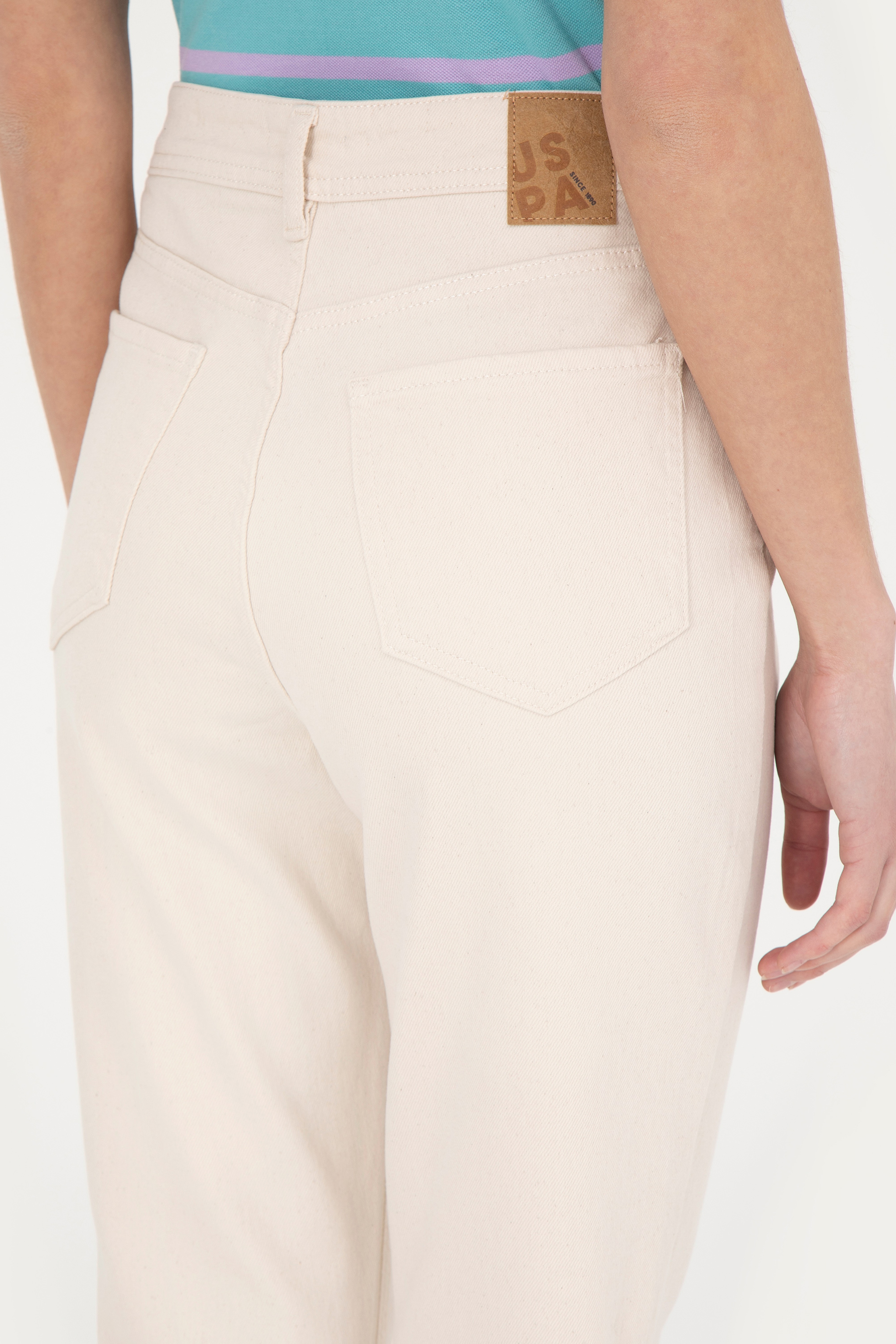 Kadın Bej Mom High Waist Fit Jean Pantolon