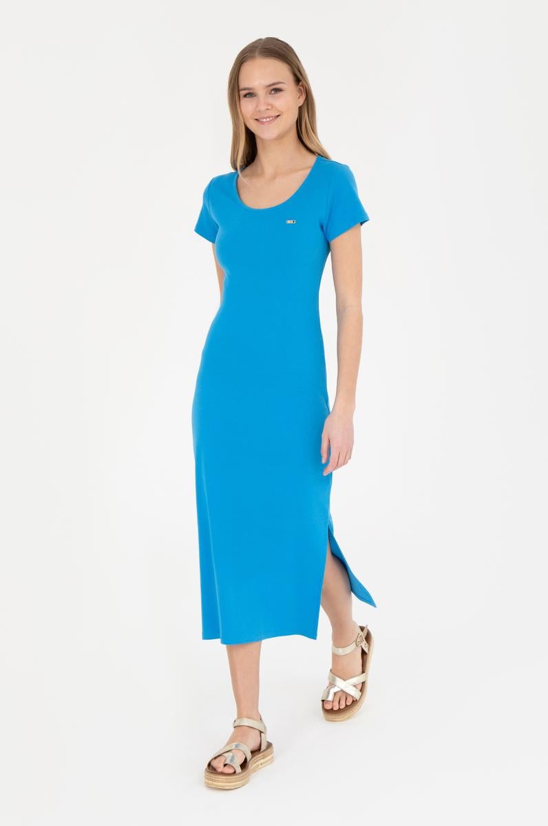 Kadın Saks Bisiklet Yaka Örme Elbise