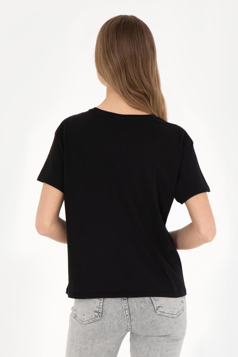 Kadın Siyah Bisiklet Yaka Tişört - 50285886041