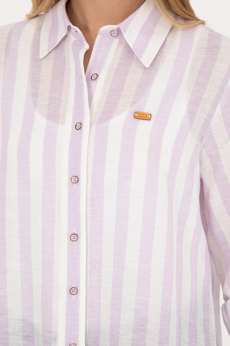 Kadın Lila Keten Görünümlü Uzun Kollu Gömlek