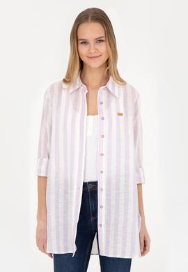 Kadın Lila Keten Görünümlü Uzun Kollu Gömlek - 50288408003