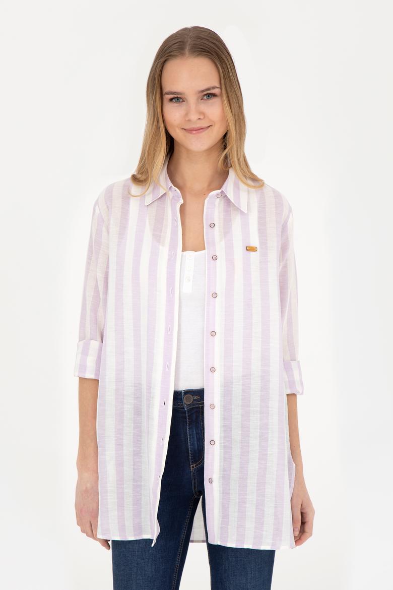 Kadın Lila Keten Görünümlü Uzun Kollu Gömlek - 50288408003
