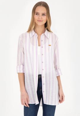 Kadın Lila Keten Görünümlü Uzun Kollu Gömlek - 50288408003