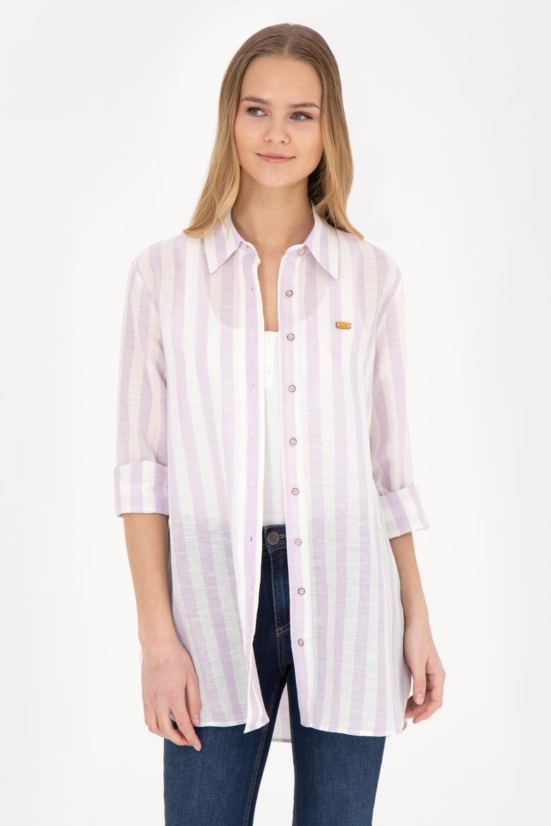 Kadın Lila Keten Görünümlü Uzun Kollu Gömlek - 50288408003