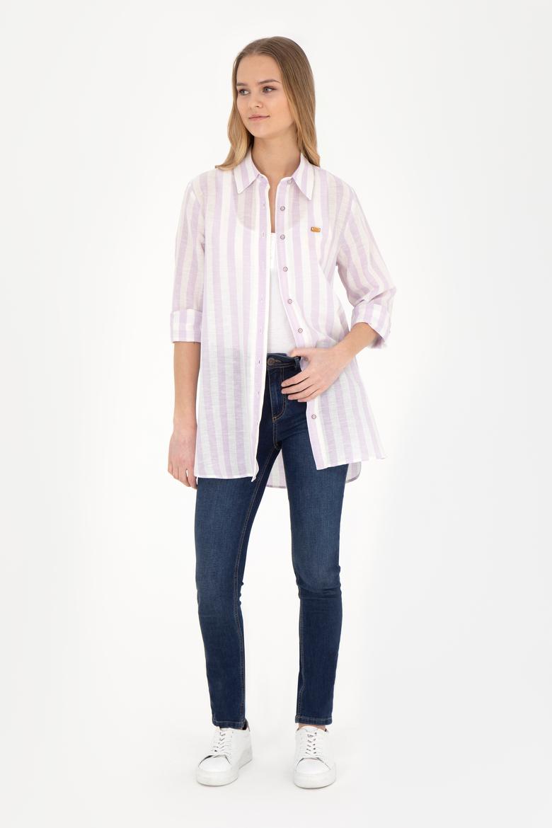 Kadın Lila Keten Görünümlü Uzun Kollu Gömlek - 50288408003