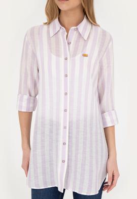 Kadın Lila Keten Görünümlü Uzun Kollu Gömlek - 50288408003