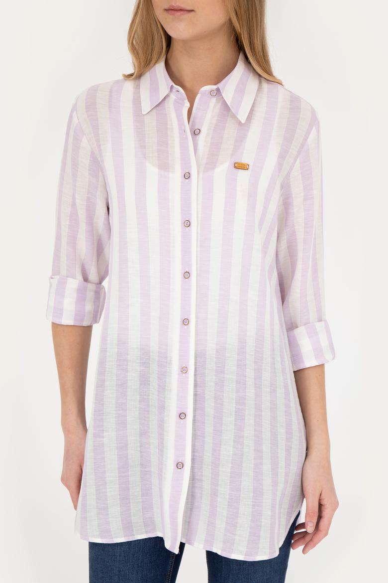 Kadın Lila Keten Görünümlü Uzun Kollu Gömlek - 50288408003