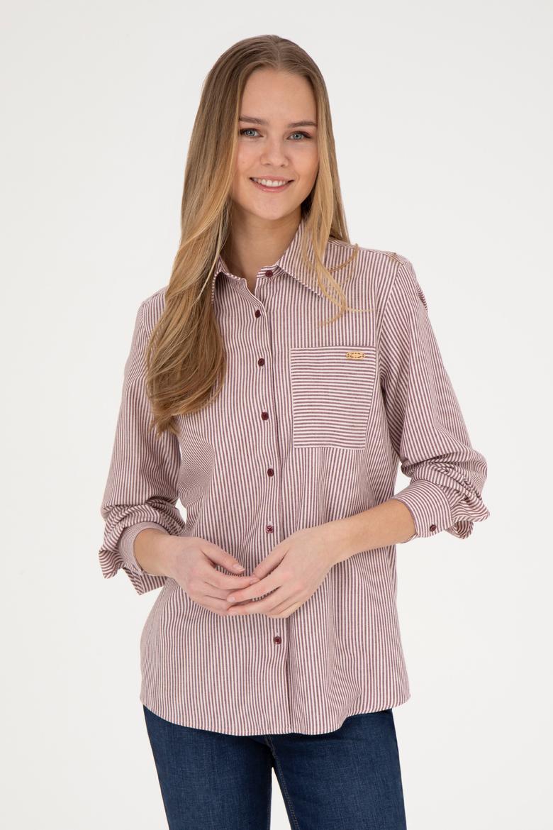 Kadın Bordo Uzun Kollu Çizgili Gömlek