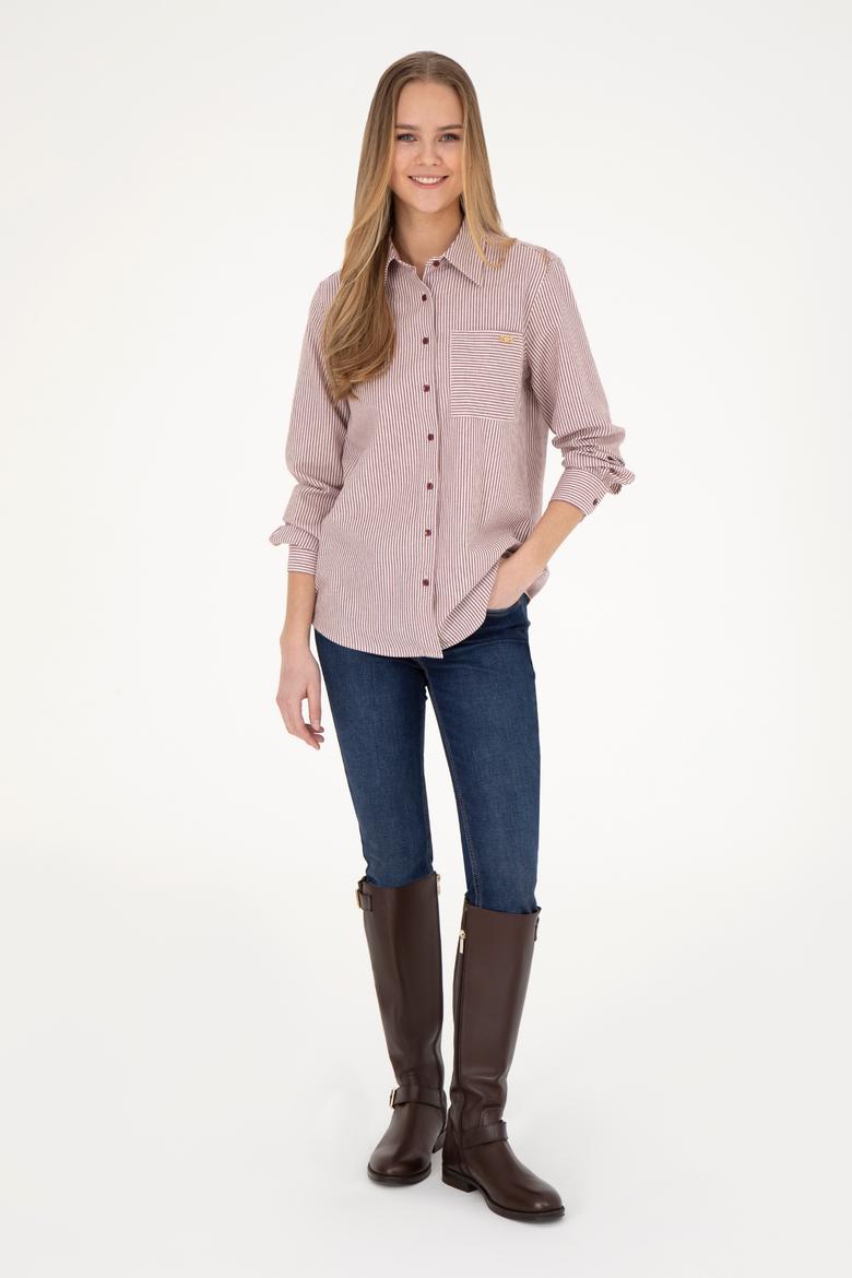 Kadın Bordo Uzun Kollu Çizgili Gömlek - 50272449020