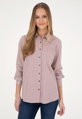 Kadın Bordo Uzun Kollu Çizgili Gömlek - 50272449020