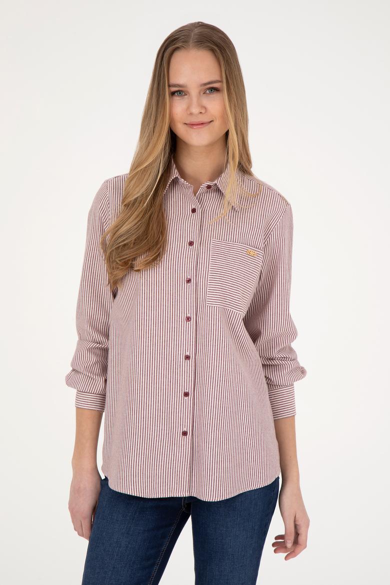 Kadın Bordo Uzun Kollu Çizgili Gömlek - 50272449020