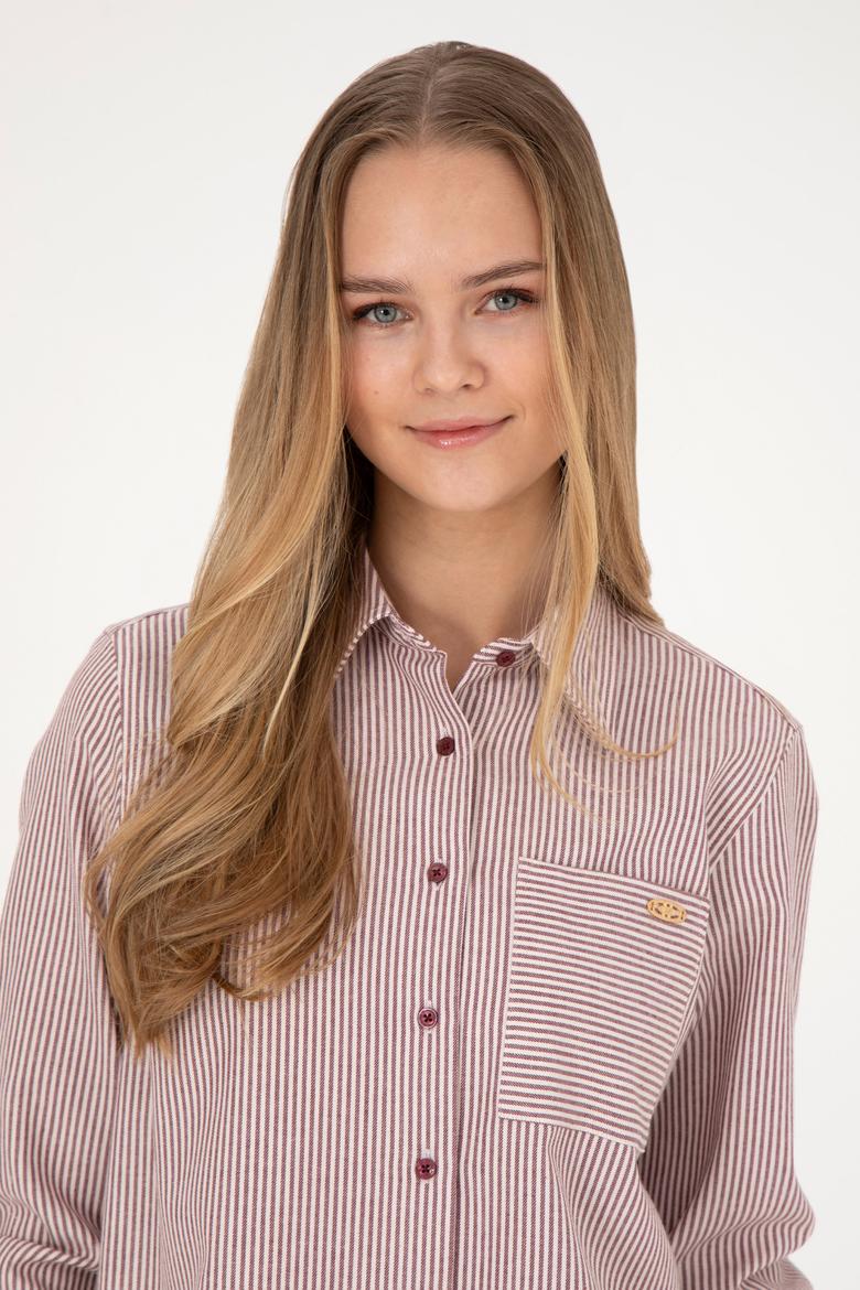 Kadın Bordo Uzun Kollu Çizgili Gömlek - 50272449020