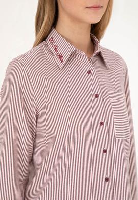 Kadın Bordo Uzun Kollu Çizgili Gömlek - 50272449020