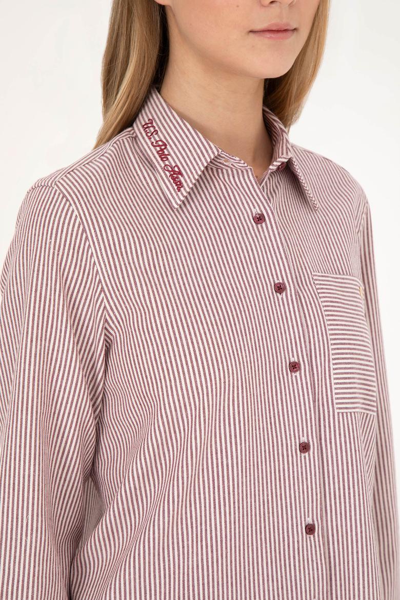 Kadın Bordo Uzun Kollu Çizgili Gömlek - 50272449020