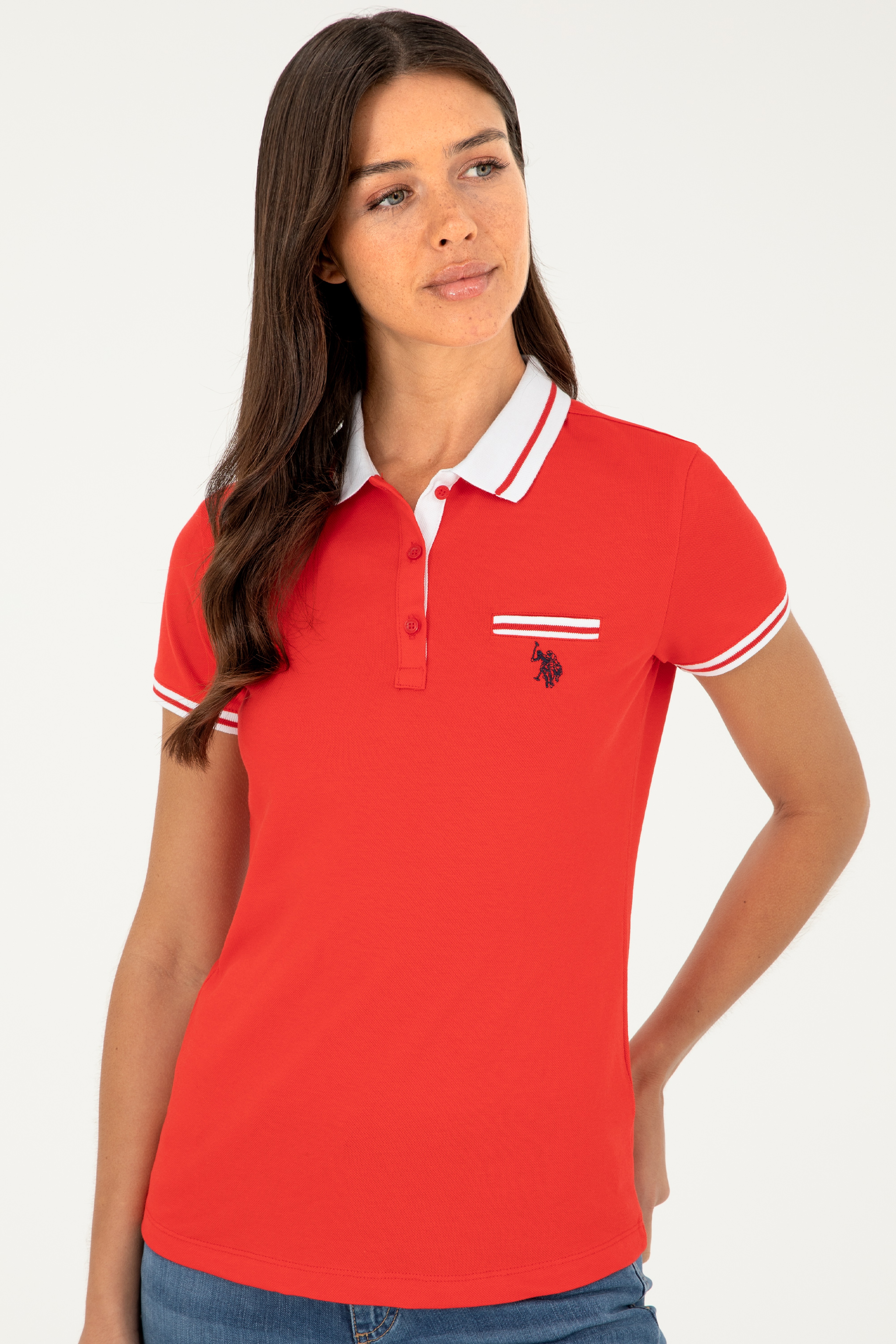 Kadın Kırmızı Polo Yaka Tişört - Image 3