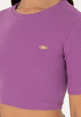 Kadın Mor Bisiklet Yaka Crop Tişört - 50281813047