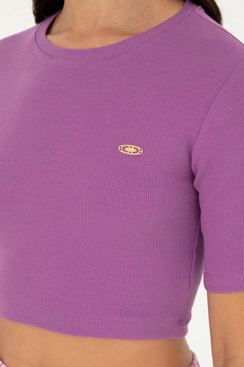 Kadın Mor Bisiklet Yaka Crop Tişört - 50281813047