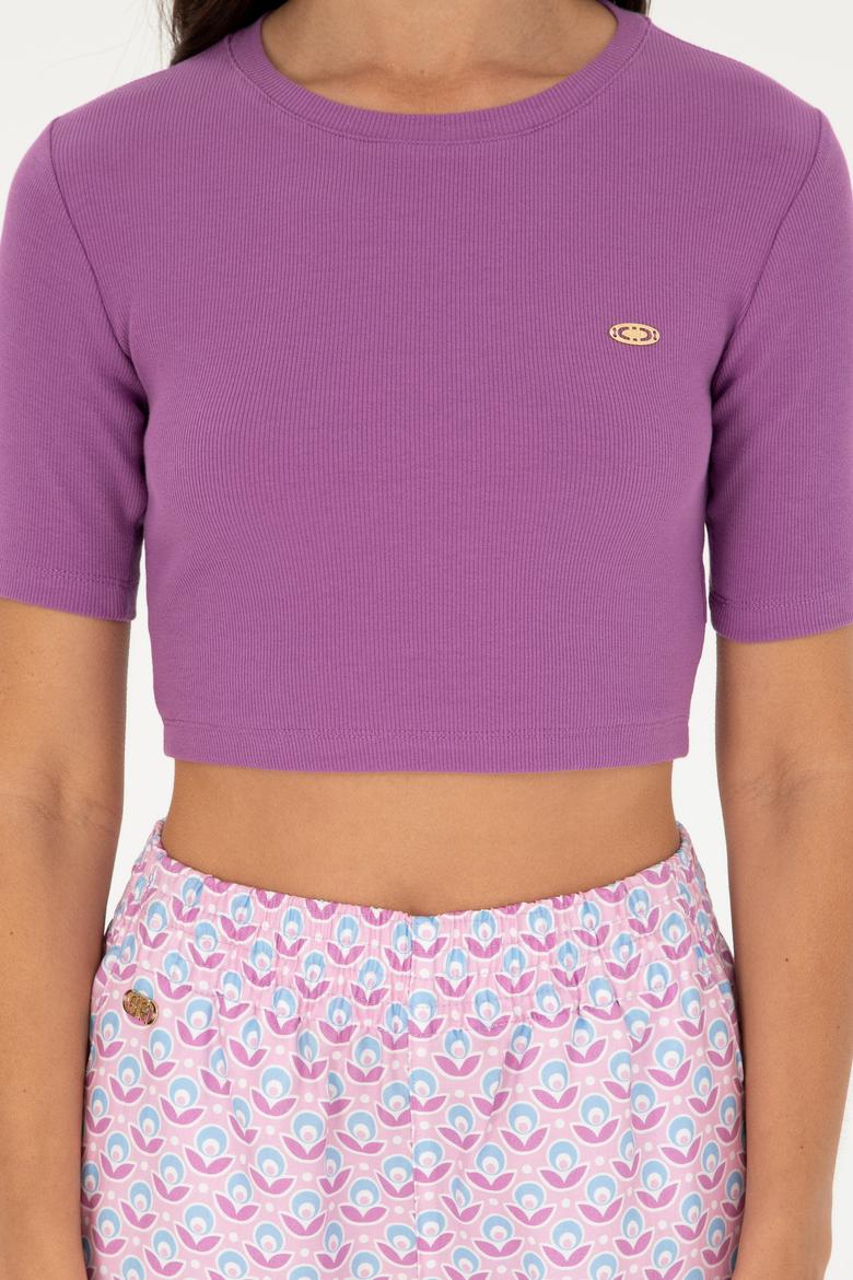 Kadın Mor Bisiklet Yaka Crop Tişört - 50281813047