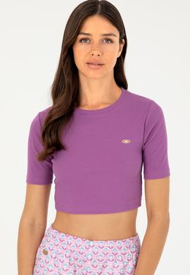 Kadın Mor Bisiklet Yaka Crop Tişört - 50281813047
