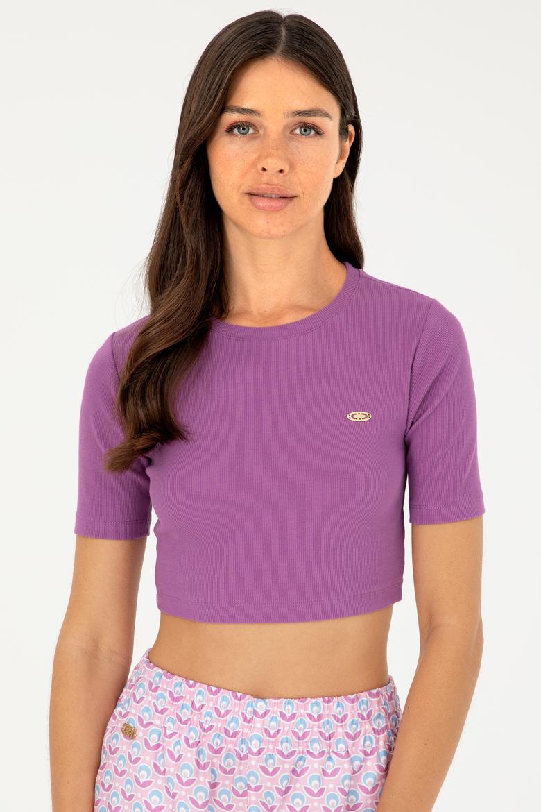 Kadın Mor Bisiklet Yaka Crop Tişört - 50281813047